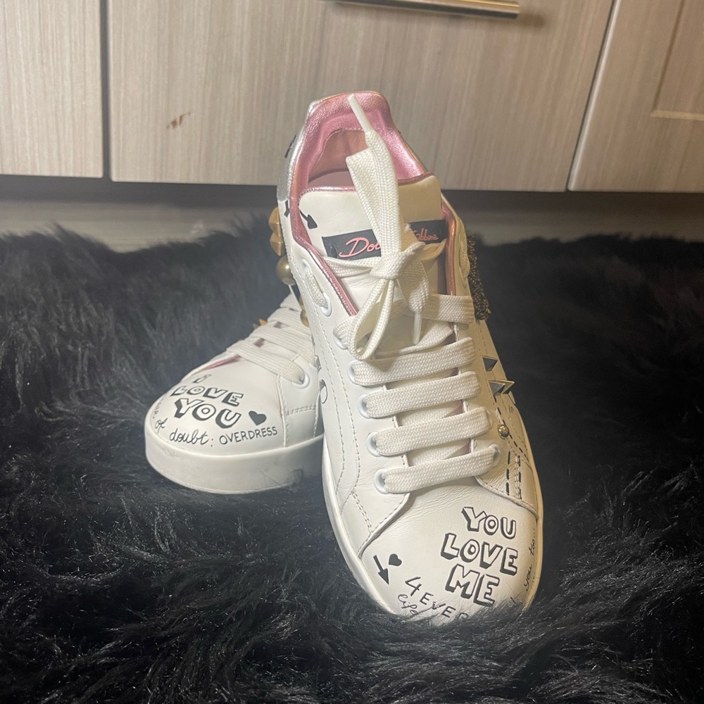 Dolce & Gabbana Portofino White Leather Crystal Queen Sneakers